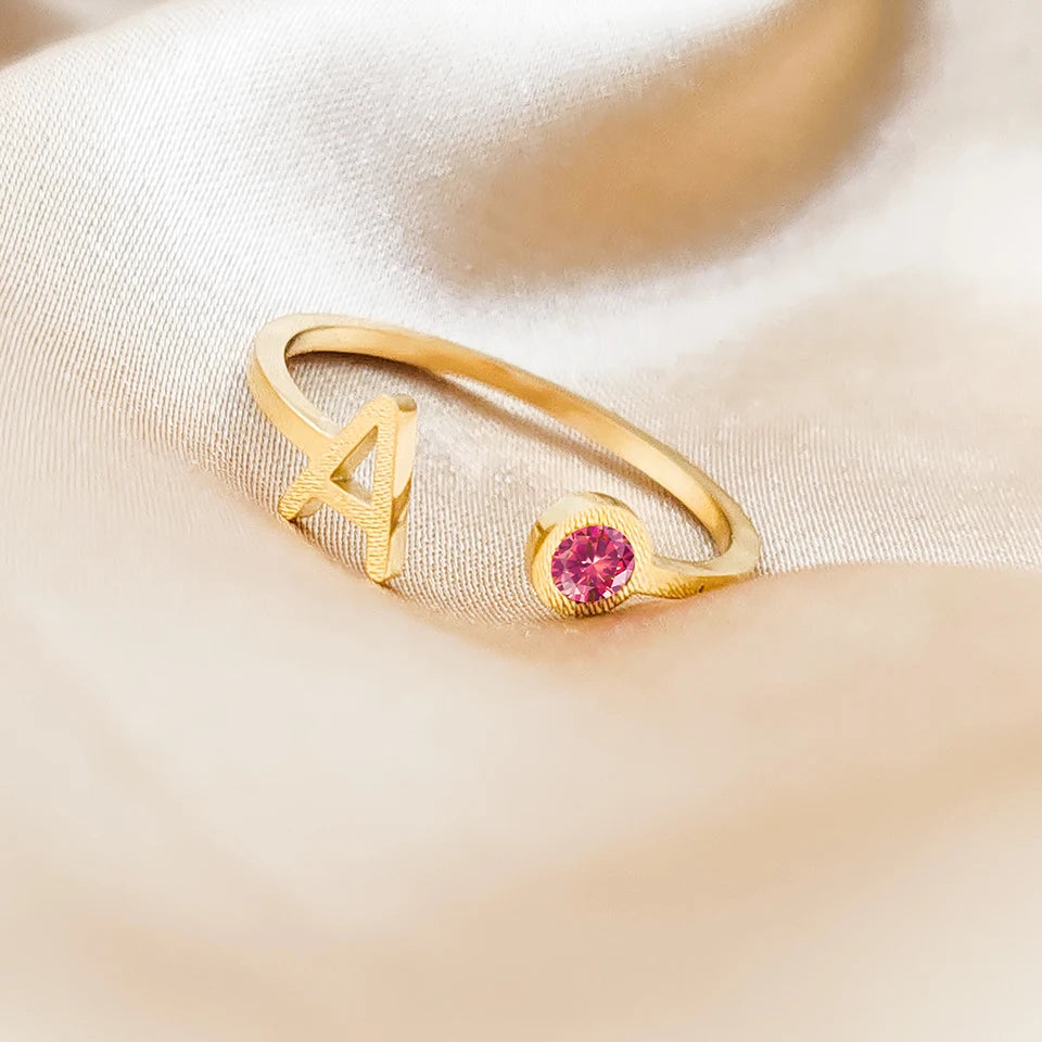 Dainty Initial Birthstone Ring