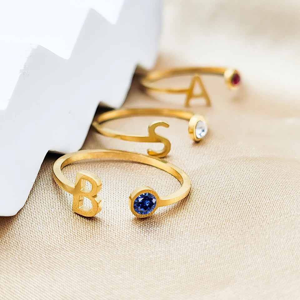 Dainty Initial Birthstone Ring