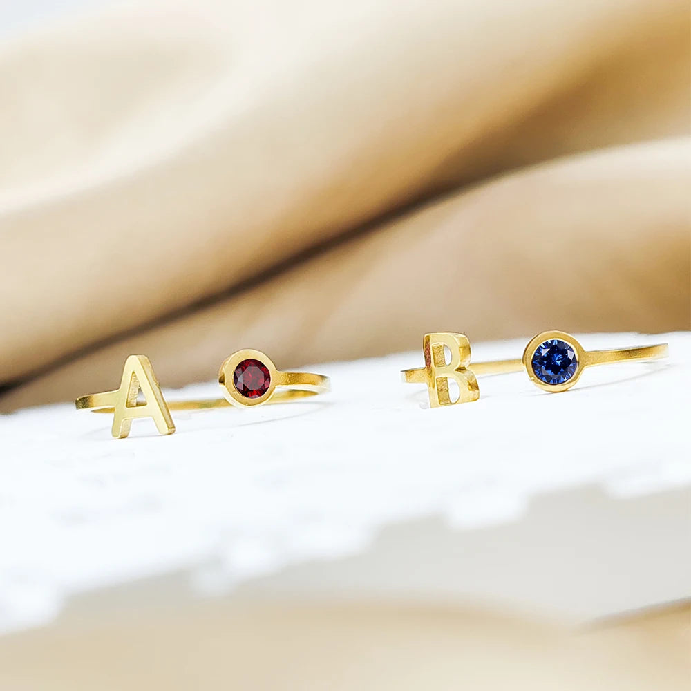 Dainty Initial Birthstone Ring